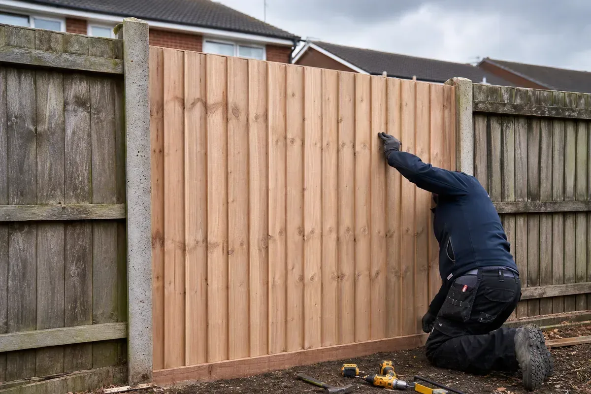Damaged garden fence being repaired in Rochdale